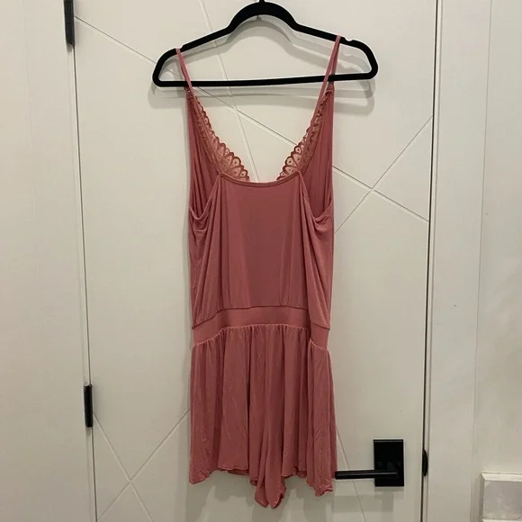 La Vie En Rose Dusty Rose Lace-Trim Romper Coquette Sleepwear Lingerie Set - Picture 6 of 6